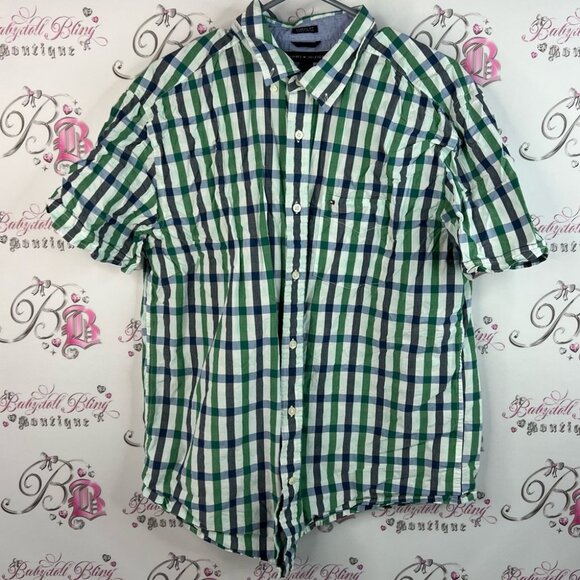 Tommy Hilfiger button up tshirt collared Men's Green and Blue Checkered Shirt - Picture 1 of 12